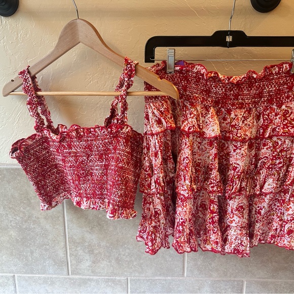 Free People Red and White Floral Crop Top & Skirt - Picture 1 of 3